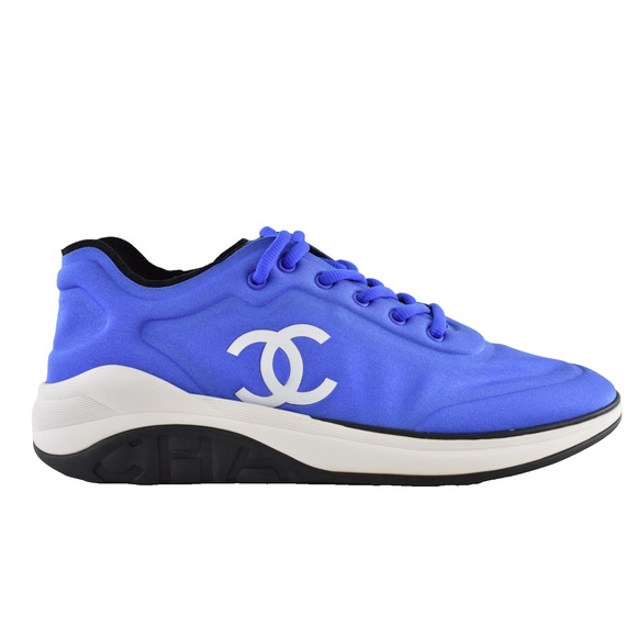 Chanel Men 19P Blue Lycra White Black CC Logo Lace Low Top Trainer Sneaker 44 11 - Picture 1 of 12
